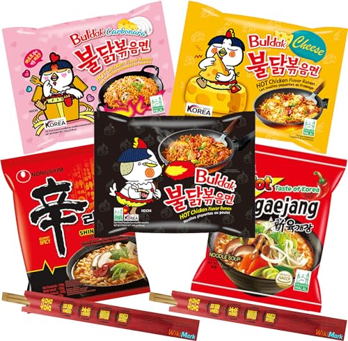 Lot 5 koreanische Ramen und 2 WikiMark Bambus-Essstäbchen. Enthält Samyang-Nudeln Carbonara, Käse, scharfes Hühnchen, Hot Taste of Korea und Nongshim Shin Ramyun-Nudelsuppe. von WikiMark