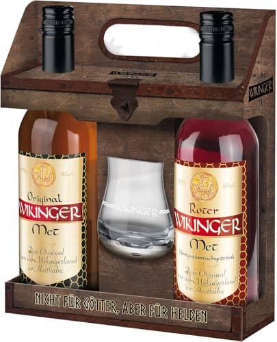 Wikinger Met Lagerfeuer-Set (2 x 0,75l) inkl. Wikinger Haithabu-Glas – Original & Roter Met Honigwein aus dem Wikingerland – 2-er Honigmet ideal pur, als Aperitif oder Heißgetränk – 11 & 6 % Vol. von Original Wikinger Met