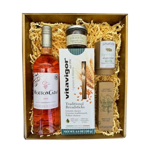 Coffret Or : Mouton cadet Rosé - La Plantation : Mélange Fleurs de sels et épices citronées & Sauce poivre Kampot - Gressin - Tapenade von Wine And More