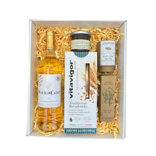 Coffret blanc : Mouton cadet Blanc - La Plantation : Mélange Fleurs de sels et épices citronées & Sauce poivre Kampot - Gressin - Tapenade von Wine And More