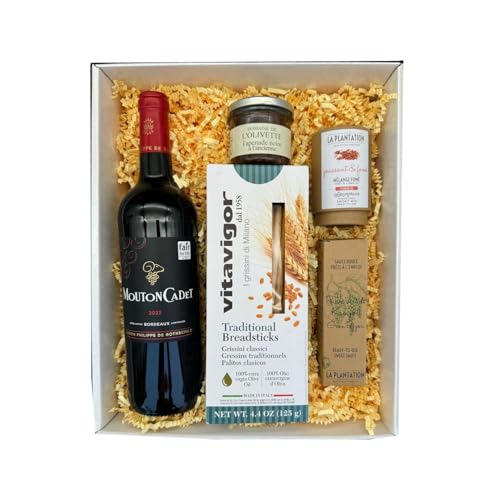 Coffret blanc : Mouton cadet Rouge - La Plantation : Mélange Fleurs de sels et épices fumées & Sauce poivre Kampot - Gressin - Tapenade von Wine And More