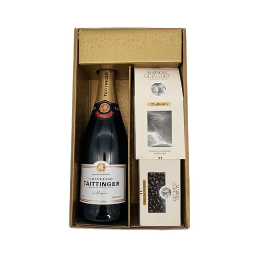 Geschenkbox Gold - Champagner Taittinger -1 Brut - Cacaotines (1x150g) et Raisins au sauternes (1x100g) MAISON GUINGUET von Wine And More