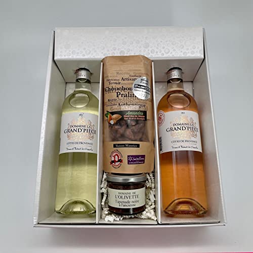 Geschenkpackung Grand Pièce Côtes de Provence Rosé & Weiß +1 Chouchou Mandel Pralinen & Sweet Chili (100g) + 1 Tapenade schwarz (100g) von Wine And More