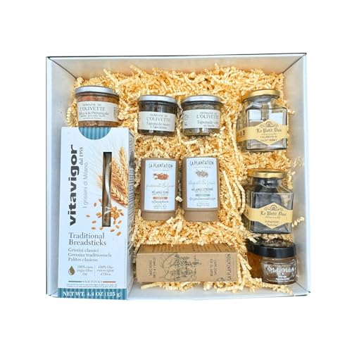 Coffret gourmand sucré & salé blanc : Mélange : Fleurs de sels et épices citronées & - Fleurs de sel et épices fumés - Gressin - Tapenades - miel agrumes - Calisson & Amandes au chocolat von Wine And More