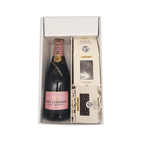 Weiße Geschenkbox - Champagner Moët & Chandon Impériale -1 Rosé - Cacaotines (1x150g) et Raisins au sauternes (1x100g) MAISON GUINGUET von Wine And More