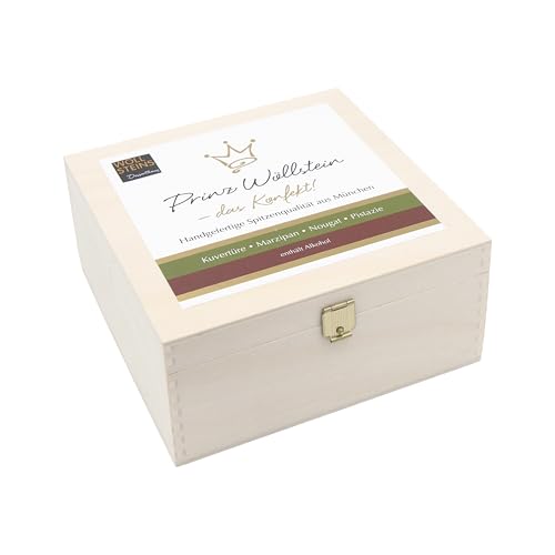 Pralinen Konfekt Prinz Wöllstein 32er in Holz Geschenkbox, feine luxuriöse Pralinenmischung HANDGEMACHT aus Meisterhand von Wöllsteins Desserthaus