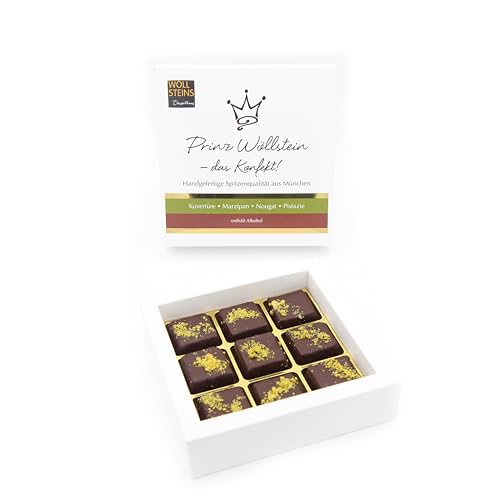 Pralinen Konfekt Prinz Wöllstein 9er Geschenk Box, feine luxuriöse Pralinenmischung HANDGEMACHT aus Meisterhand von Wöllsteins Desserthaus