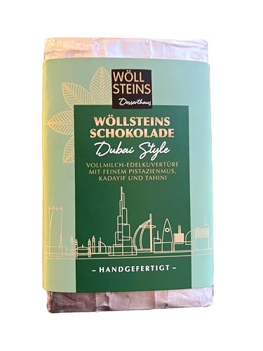 WÖLLSTEINS Dubai-Style Schokolade mit Pistaziengeschmack, XXL195 g Tafel. Feinste Vollmilch Schokolade mit zartschmelzenden Füllung aus Pistazienmus, Kadayif & samtigem Tahini. von Wöllsteins Desserthaus