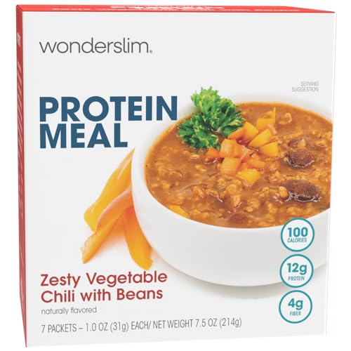 WonderSlim Protein-Mahlzeit, pikantes Gemüse-Chili mit Bohnen, 12 g Protein, 4 g Ballaststoffe, glutenfrei (7 ct) von WonderSlim