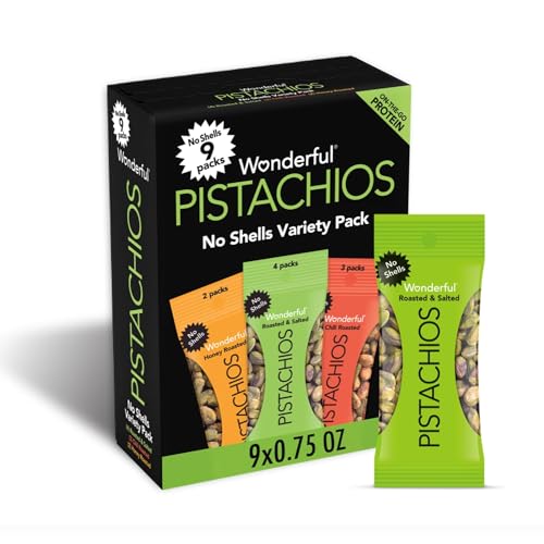 Wonderful Pistachios, Keine Muschelnüsse, Sortenpackung (4 Beutel geröstet und gesalzt, 3 Beutel Chili geröstet und 2 Beutel Honig geröstet), 9 Stück von Wonderful Pistachios