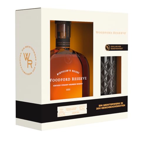 Woodford Reserve Bourbon Whiskey - Hochwertiges Geschenkset inklusive Gratis Whiskey Tumbler - Perfekt ausgewogen mit würzigen und süßen Noten von Früchten und Vanille - 0.7L/43,2% Vol. von Woodford Reserve