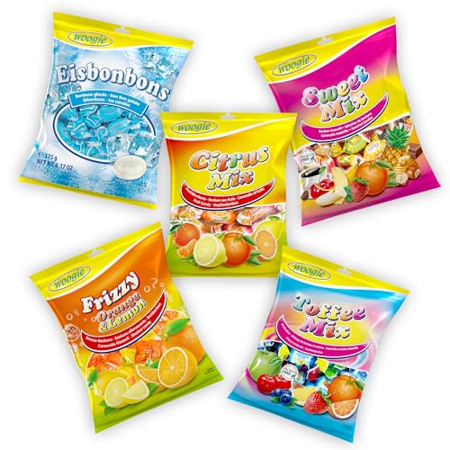 Woogie Bonbon 5er Mischkarton 745g – Süßigkeiten-Box mit Sweet Mix, Toffee-Kaubonbons, Frizzy Orange & Lemon, Eis-Bonbons und Citrus Mix – Bunte Bonbonmischung Großpackung für Karneval, Partys & mehr von Woogie