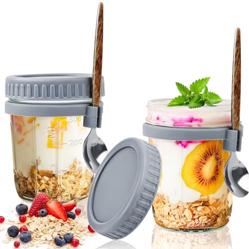 2 Stück Haferbehälter, 400ml Overnight Oats Gläser, Müslibecher to go mit Deckel und Löffel, Joghurtbecher to go kinder, Dessertgläser, Glasbehälter für milch, Salat, porridge mit Messmarken (Grau) von WuGU