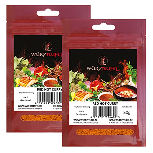 Curry - Gewürzmischung. Red, Hot Curry. Masala-Gewürzmischung. Feurig - würzige Gewürzspezialität in Premiumqualität. 2 Beutel je 50g. (100g.) von Würzteufel