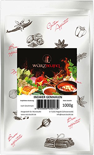 Ingwer gemahlen, Ingwerpulver hellgelb, 1A Premium - Qualität, keimreduziert. Beutel 1000g. (1KG) von Würzteufel