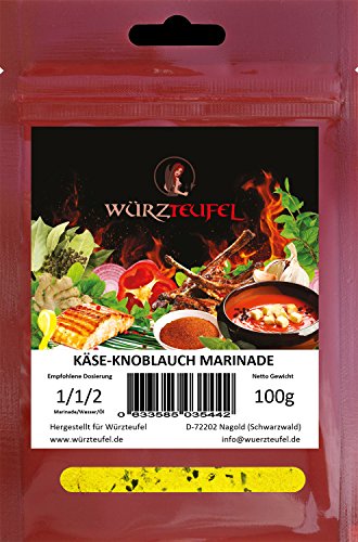 Käse - Knoblauch Marinade. Cheddar und mittelalter Gouda in köstlicher Knoblauch – Gewürzmarinade. Beutel 100g. von Würzteufel