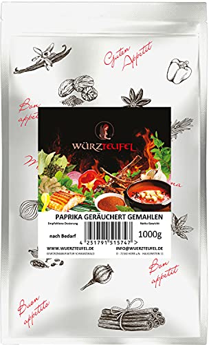 Paprika geräuchert, spanischer Rauchpaprika mit mild - würzigem Buchenrauch. Beutel 1000g. (1KG.) von Würzteufel