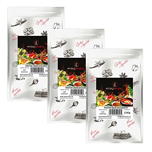 Pfeffer schwarz grob gebrochen, grober Steakpfeffer 3-5 mm, Top Qualität aus Indonesien, Keimreduziert. 3 XL Beutel je 1500g (4,5KG) von Würzteufel