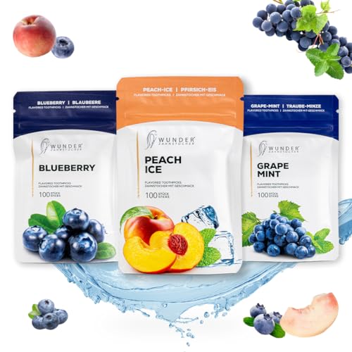 Wunder Zahnstocher - In 3 erfrischenden Sorten 'Fruit Crush Pack’ - Zahnstocher mit Geschmack - gute Alternative zu Kaugummi - frischer Atem mit Aromatisierte Zahnstocher (3er Pack) von Wunder Zahnstocher