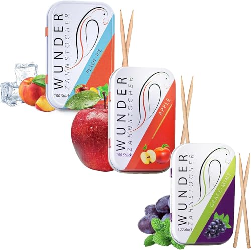 Wunder Zahnstocher - In 3 erfrischenden Sorten 'Juicy Pack’ - Zahnstocher mit Geschmack - gute Alternative zu Kaugummi - frischer Atem mit Aromatisierte Zahnstocher (3er Pack) von Wunder Zahnstocher