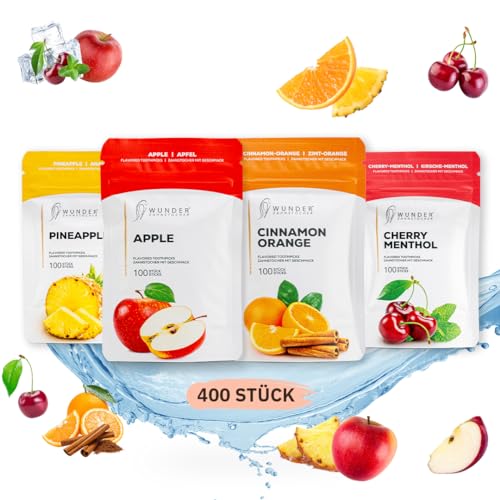 Wunder Zahnstocher - In 4 erfrischenden Sorten 'Cool Fruit Pack’ - Zahnstocher mit Geschmack - gute Alternative zu Kaugummi - frischer Atem mit Aromatisierte Zahnstocher (4er Pack) von Wunder Zahnstocher