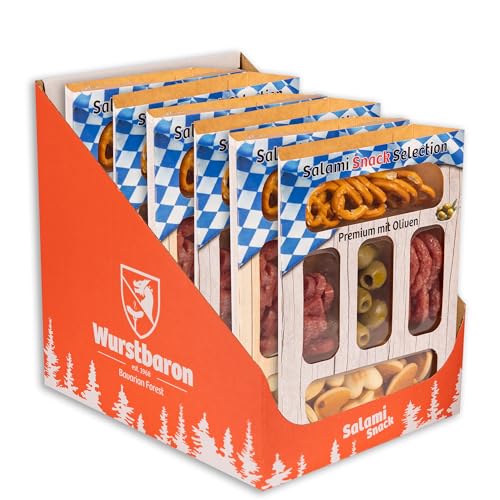Snack Selection Premium Olive 6er Set, Snackbox mit Salami, Salzgebäck, Gebäckherzen und Oliven, 6 x 80g Snacks von Wurstbaron