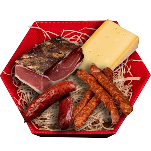 WURSTBARON® Bergsteiger Jause Paket mit Südiroler Speck, Präsentkorb mit mit Käse, Schmankerl Set mit Kaminwurzen und Pfefferbeisser von Wurstbaron