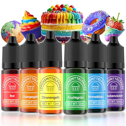 Wwtop Lebensmittelfarbe 6 Farben x12ml, Hochkonzentriert Lebensmittelfarbe Flüssig zum Backen, Lebensmittel Farben Food Coloring Set für Fondant, Christmas Kuchen, Macarons,Donuts,Kekse (Regenbogen) von Wwtop