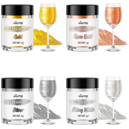 Wwtop Essbarer Glitzer für Getränke, 4 Farben Glitzerpulver Set, Gold Roségold Silber Weiß Lebensmittel Glitzer für Getränke, Geschmacklos Essbarer Goldpulver für Cocktails, Likör, Kuchen,Fondant(3g) von Wwtop