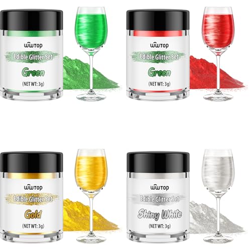 Wwtop Essbarer Glitzer für Getränke, 4 Farben Glitzerpulver Set, Gold Weiß Rot Grün Lebensmittel Glitzer für Getränke, Geschmacklos Essbarer Goldpulver für Cocktails, Likör, Kuchen, Fondant(3g) von Wwtop