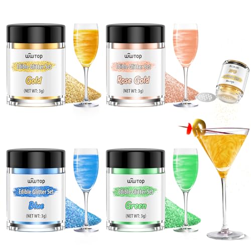 Wwtop Essbarer Glitzer für Getränke, 4 Farben Glitzerpulver Set, Gold Roségold Blau Grün Lebensmittel Glitzer für Getränke, Geschmacklos Essbarer Goldpulver für Cocktails, Likör, Kuchen, Fondant(3g) von Wwtop