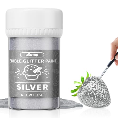 Wwtop Essbarer Glitzer Silver 15g, Essbares Glitzerpulver für Getränke -Verbesserte Metallisch Glitzer Paint für Fondant, Kuchendeko, Lebensmittel Glitzerpuder Glitzerstaub für Torten, Cocktails von Wwtop