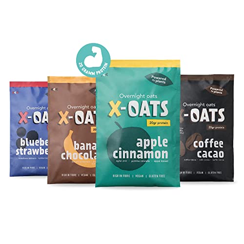 X-OATS® Frühstücksshake mit viel Protein und Ballaststoffen- 24x70gr Porridge shake| zuckerarm, Vegan & glutenfrei |24er-Pack [6x Apfel/Zimt, 6x Kaffee/Kakao, 6x Banane/Schoko, 6x Blaubeer/Erdbeer] von X-OATS