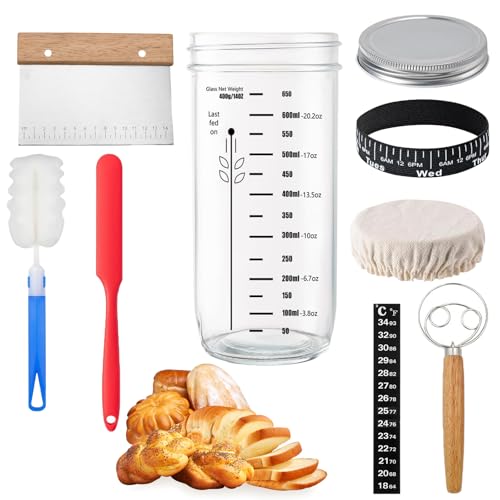 XHYASD Sauerteig Starter Set, 24oz Wiederverwendbare Sourdough Starter Glass mit Aluminiumkappe, Thermometerpapier, Spatel, Stoffhut für Home Baking Bread Making Beginners von XHYASD