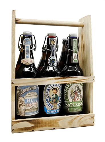 Bayerische Bierspezialitäten Geschenkpaket - 6 Helle Biere aus Bayern - 6x0,5l Holz-Tragerl Geschenkset inkl. 0,48 Euro Pfand - Ayinger, König Ludwig, Schneider Weiße, Mönchshof, Allgäuer, Kapuziner von XXL-Drinks