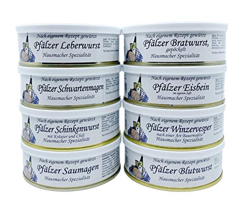 Pfälzer Wurst Dosenwurst Paket Geschenkset im Netz - 8 verschiedene Dosen z.B: Leberwurst, Bratwurst, Eisbein, Saumagen, Blutwurst, Winzervesper, Schwartenmagen, Schinkenwurst (8x200g) von XXL-Drinks