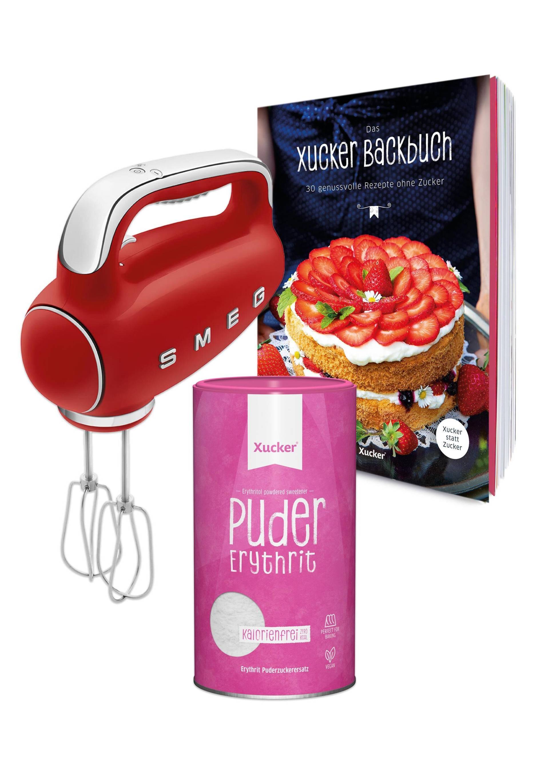 Set: SMEG Handmixer Rot, Xucker Backbuch und Pudererythrit von Xucker