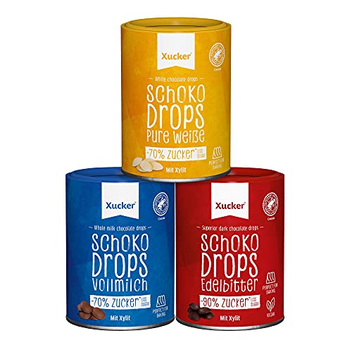 Xucker Schoko-Drops Schokolade mit Xylit - Zuckerreduzierte Schokolade mit Xylit Zuckerersatz I Chocolate Drops zum Backen (Vollmilch/weiße Schokolade/Edelbitter / 3 x 200g) von Xucker