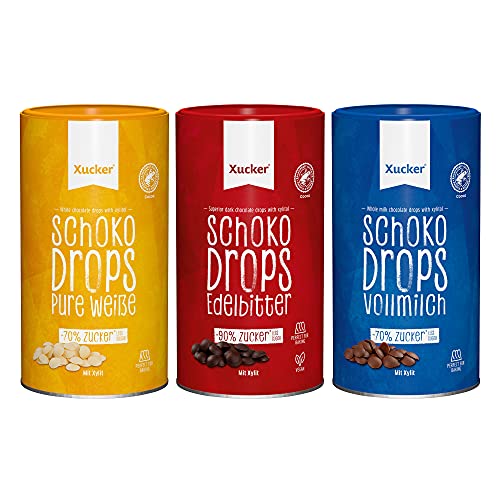 Xucker Schoko-Drops 3 Sorten Set – 3x 750g Chocolate in Edelbitter, Vollmilch und weißer Schokolade Xylit-Schoko zuckerreduziert, vegan von Xucker