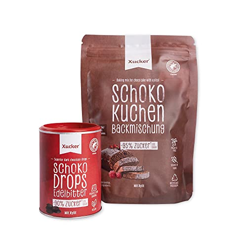 Xucker Schokokuchen-Set - Backmischung und Schokodrops Edelbitter - zuckerarme Muffin Backmischung mit Xylit gesüßt I Brownies Backmischung mit veganen Schokodrops zum Backen (min. 75% Kakaoanteil) von Xucker