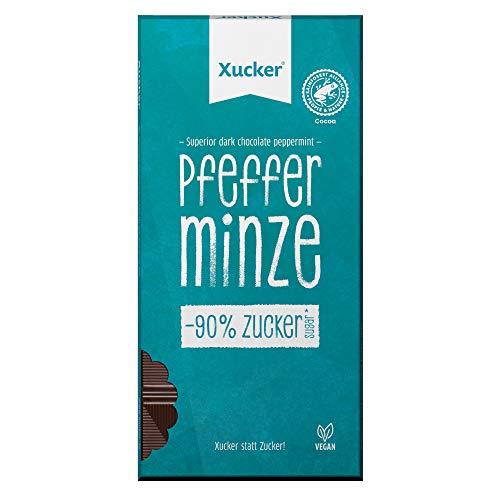 Xucker Vegane Edelbitter Schokolade Pfefferminze - Xylit Schokolade ohne Zuckerzusatz I 90% weniger Zucker (80g) von Xucker