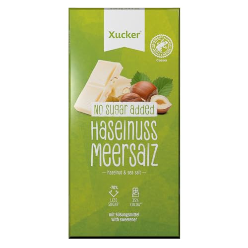 Xucker Weiße Schokolade Haselnuss Meersalz - Leckere Weiße Schokolade mit Haselnuss, Salz und Xylit Zuckerersatz I 35% Kakaoanteil I 70% weniger Zucker (80g) von Xucker