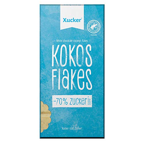 Xucker Weiße Schokolade Kokos & Flakes - Leckere Weiße Schokolade mit Kokos-Flakes und Xylit Zuckerersatz I 35% Kakaoanteil I 70% weniger Zucker (80g) von Xucker