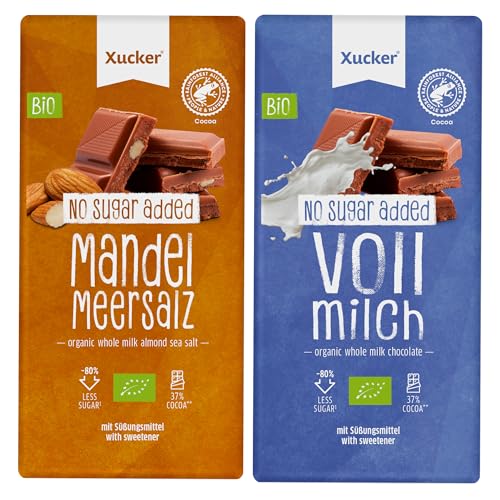 Xucker Zuckerfreies Bio Schokoladen Set Mandel-Meersalz und Vollmilch Schokolade ohne Zucker I Schokolade zuckerfrei mit Erythrit Zuckererstaz gesüßt I 37% Kakao Anteil I 2 x 100 g von Xucker