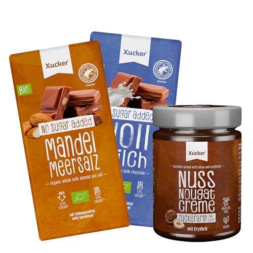 Xucker Zuckerfreies Keto Set - Bio Schokolade Mandel-Meersalz + Bio Vollmilch Schokolade + Nuss-Nugat Creme I mit Erythrit I ohne Palmöl I ohne Zucker von Xucker