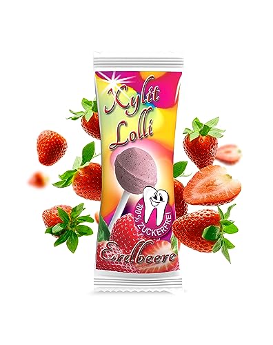 Xylit Birkenzucker Lolli Erdbeere | 25 Stk x 6g | zuckerfreier Dauerlutscher | vegan & kalorienreduziert | Zahnpflege Lollipop | Erdbeer Lollies Großpackung von Xund Xüsst