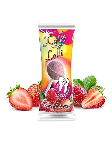 Xylit Birkenzucker Lolli Erdbeere | 50 Stk x 6g | Keine Chance für Karies: zuckerfreier Dauerlutscher | vegan & kalorienreduziert | Zahnpflege Lollipop Erdbeer von Xund Xüsst