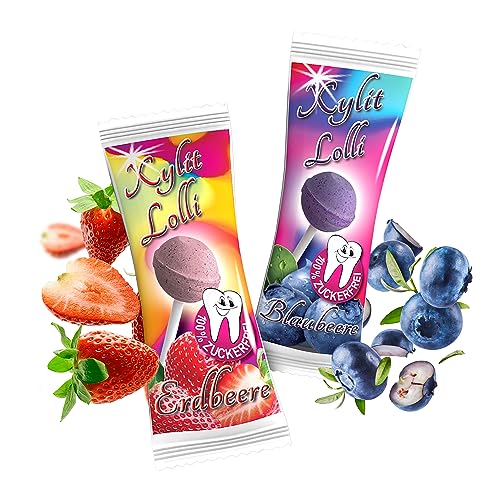 Xylit Birkenzucker Lolli MIX Erdbeere & Blaubeere | 50 Stk x 6g | zuckerfreier Dauerlutscher | vegan & kalorienreduziert | Zahnpflege Lollipop | Mix Lollies Großpackung von Xund Xüsst