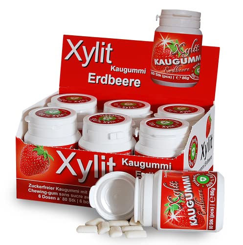 XYLIT KAUGUMMI ERDBEERE | 480 Stk | Tschüß Karies: reduziert Plaque & Säure | unterstützt Erhaltung Zahnschmelz | 100% Xylit, ohne Aspartam, vegan | 6 Dosen von Xund Xüsst