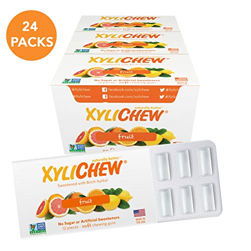 Xylichew 100% xylitol chewing gum gläser - non gmo, gluten, aspartam und zuckerfreier kaugummi -bad atem und mundtrockenheit 12 count (packung 24) obst von Xylichew